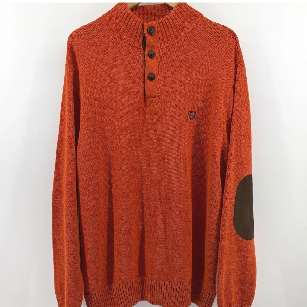 Chaps Mens Orange Mock Neck Button Sweater‎ with Suede Elbow Patches Size L